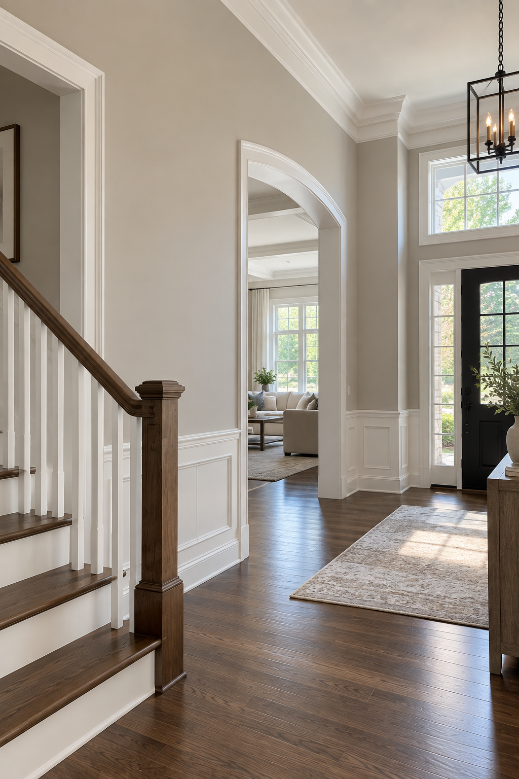 Finished drywall in a bright foyer and staircase