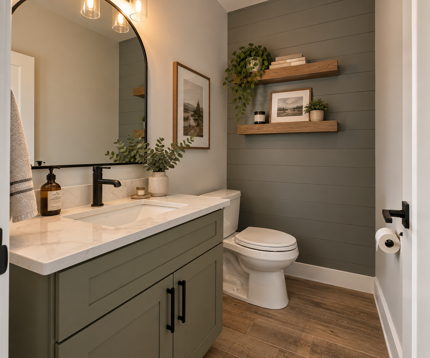 Sage green painted powder room