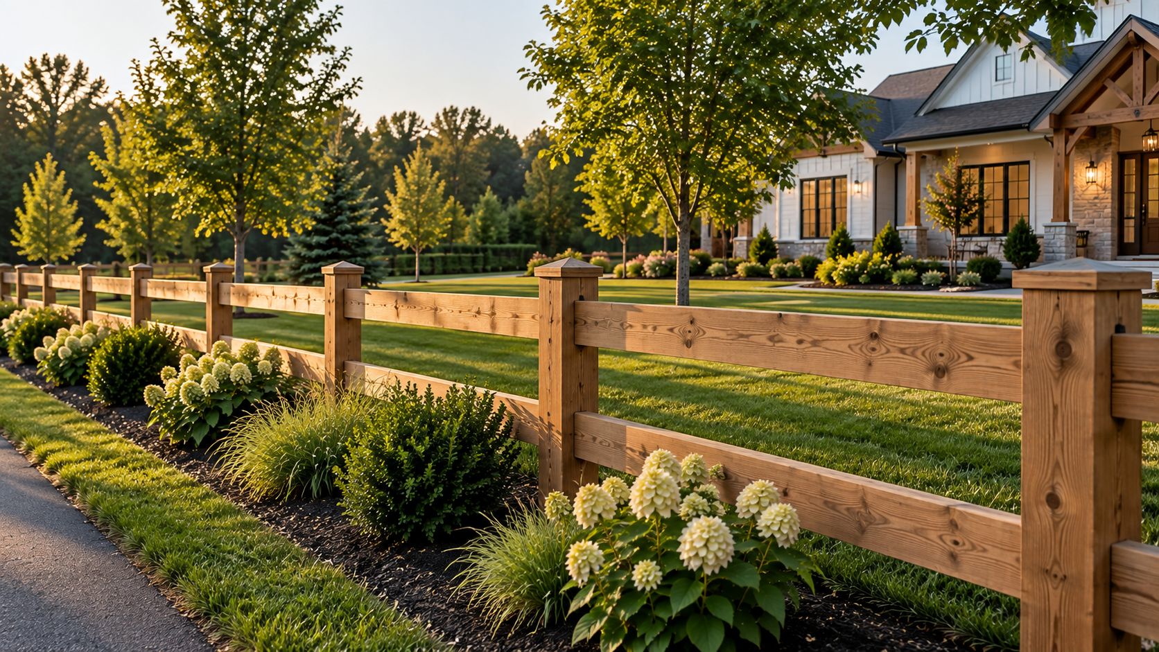 Finished fence on a farmhouse property at golden hour