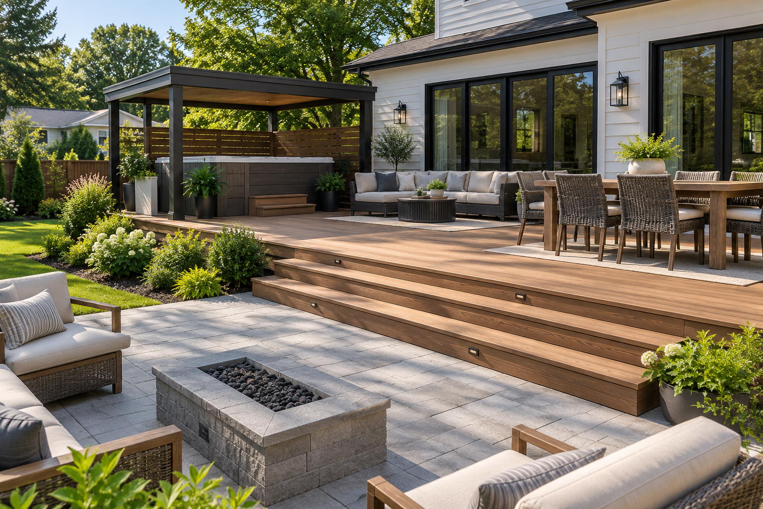 Modern backyard deck with railing and outdoor seating