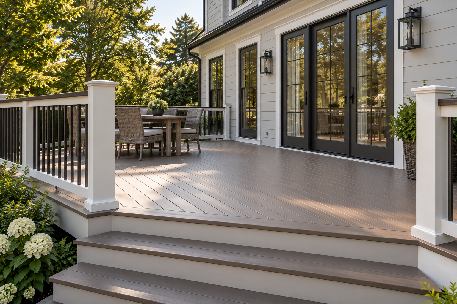Painted home exterior with a backyard deck