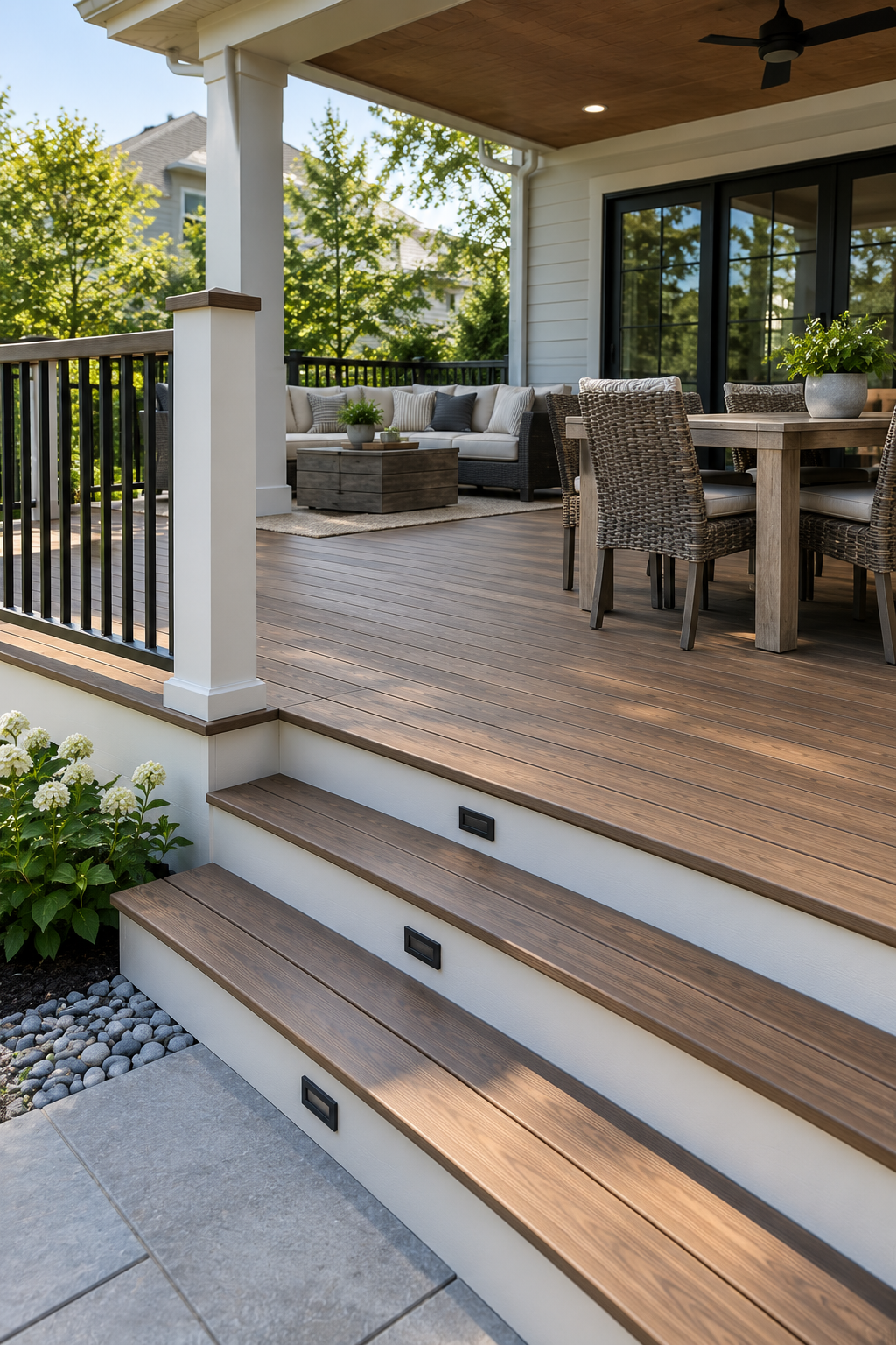 Finished backyard deck with stairs and railings