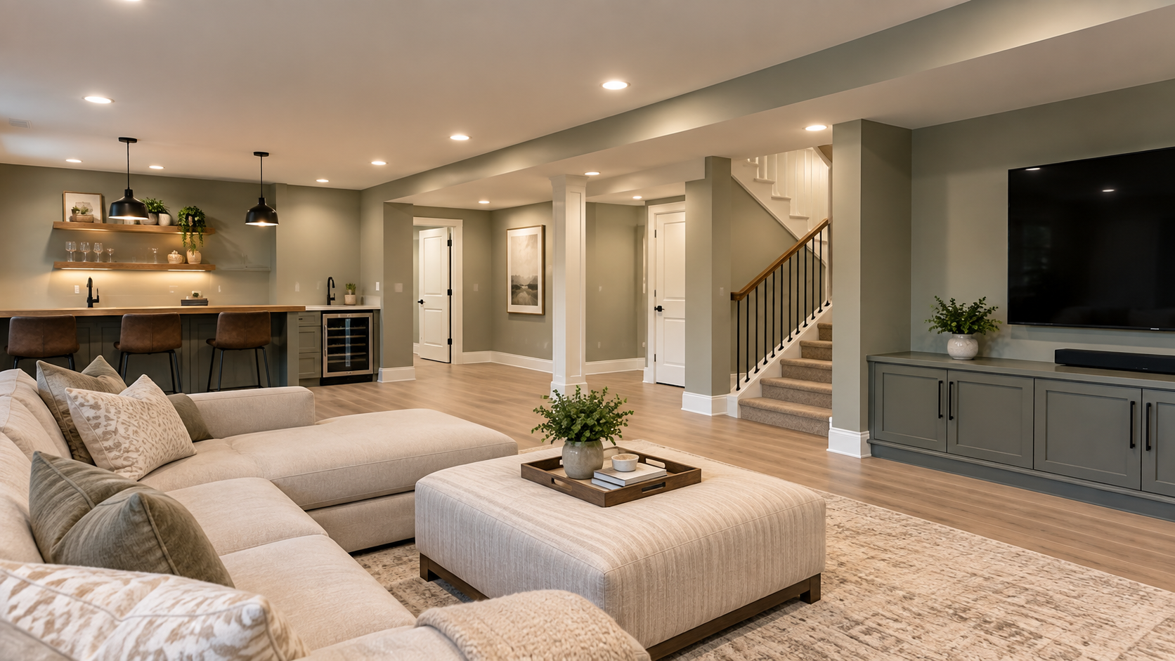 Painted basement lounge with a wet bar