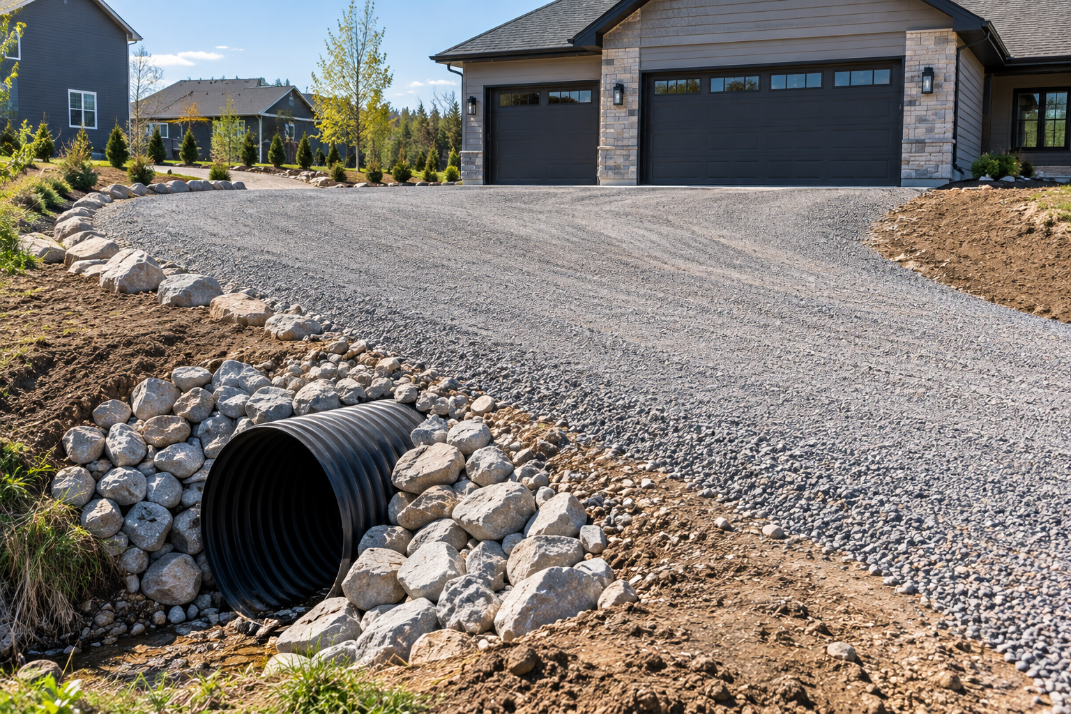 Rock-lined culvert ditch along a home's driveway