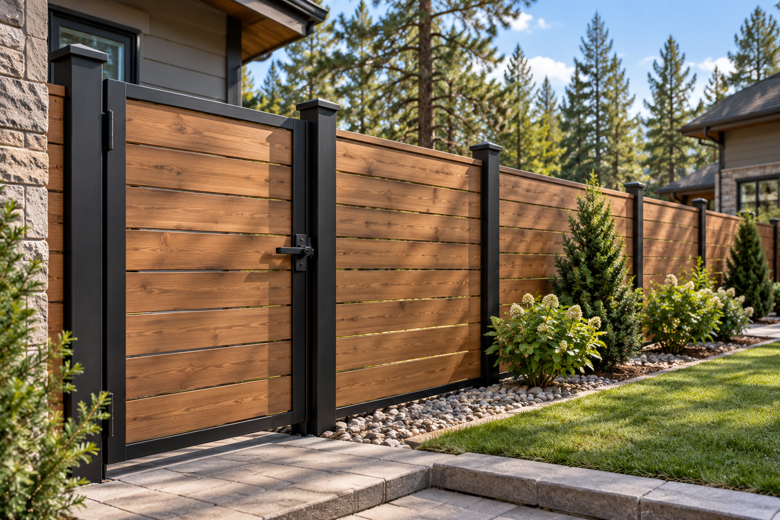 Rustic wood fence and gate in a backyard