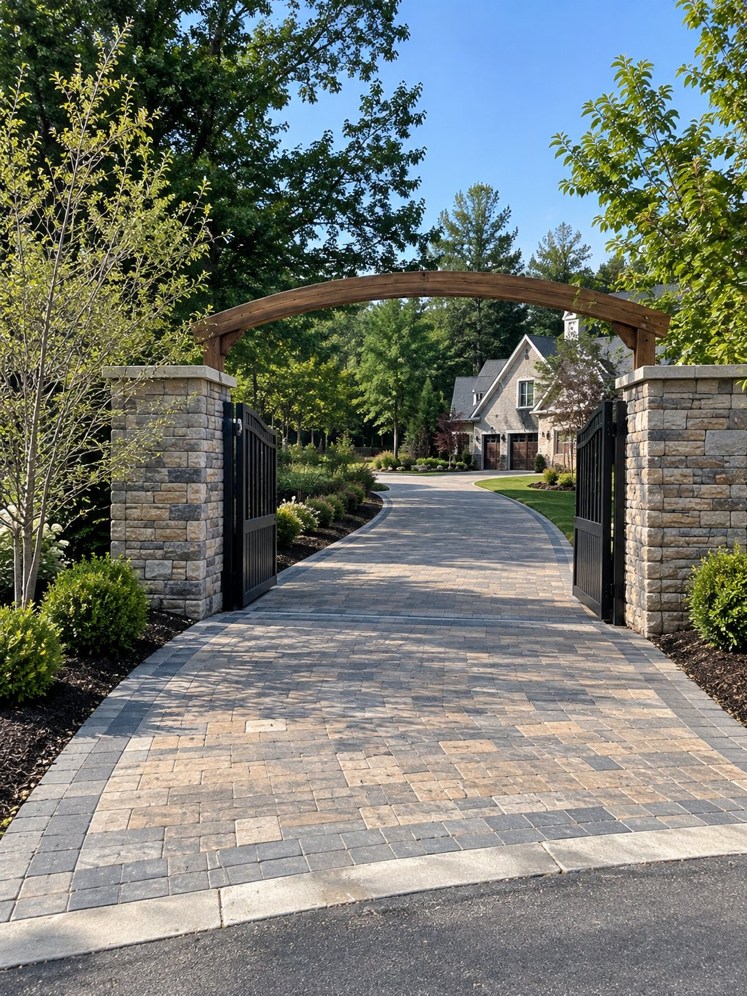 Open wooden driveway gate leading up to a home