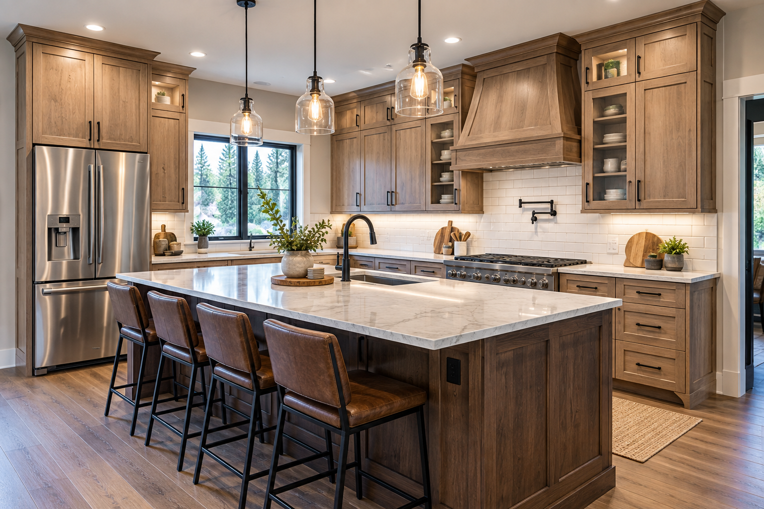 Warm modern farmhouse kitchen with wood cabinets
