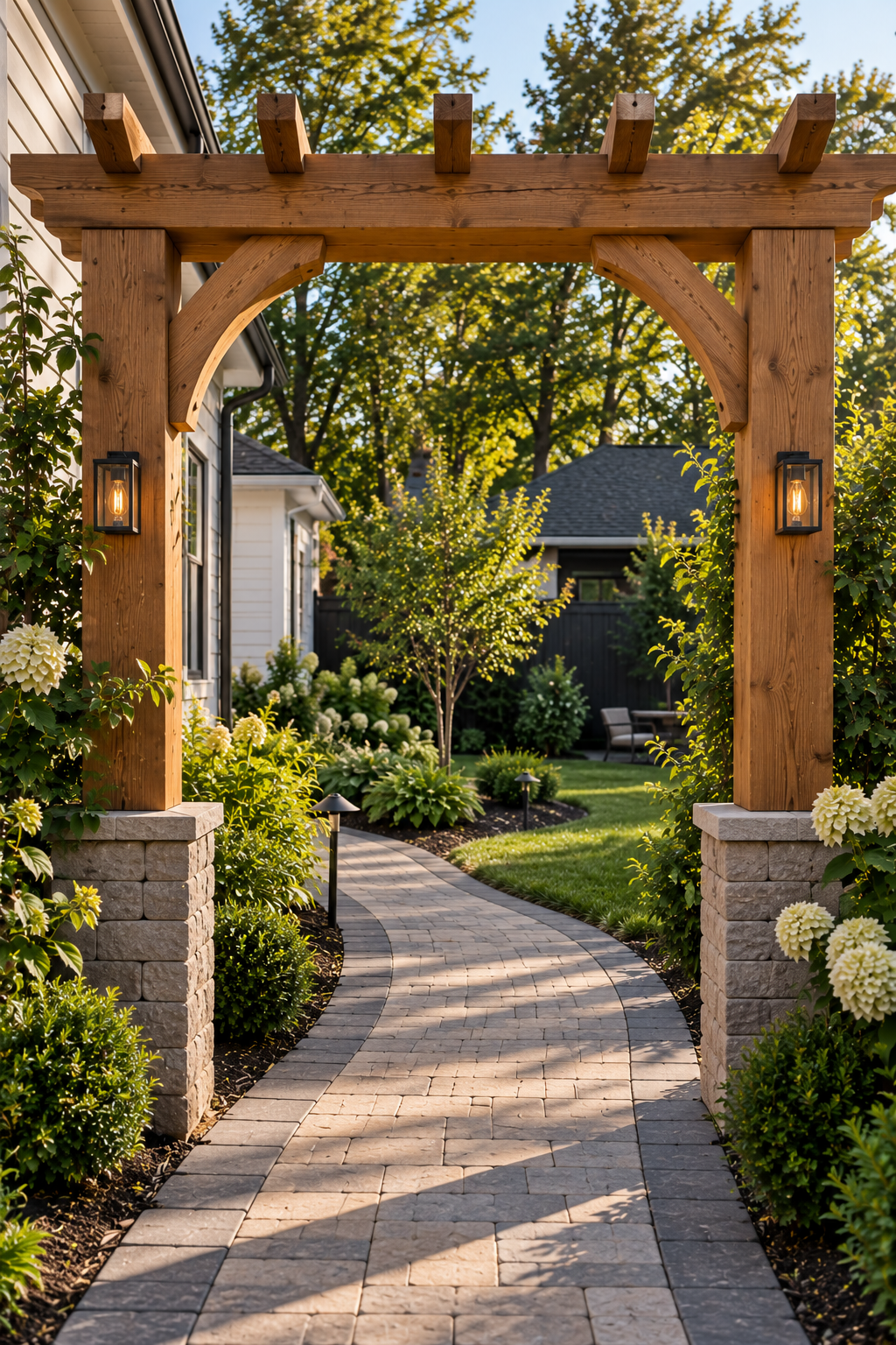 Timber frame entrance arch over a garden path